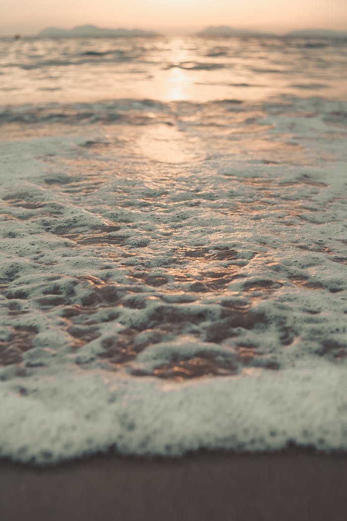 Beautiful sunset over the ocean with gentle waves and soft beach foam.